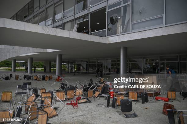 Partial view of one of entrance of Planalto Presidential Palace destroyed by supporters of Brazilian former President Jair Bolsonaro during an...