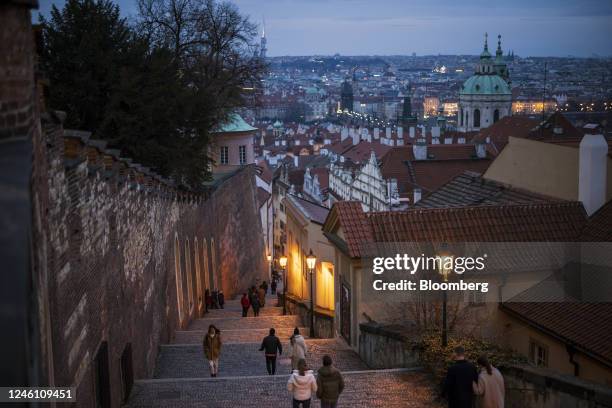 Traditional street lamps light a step street in the Old Town in Prague, Czech Republic, on Sunday, Jan. 8, 2023. Former Czech Prime Minister Andrej...
