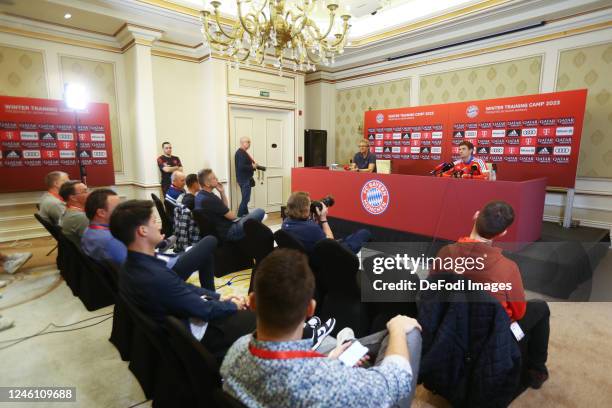 Thomas Mueller of Bayern Muenchen speaks to media during the Press conference on the third day of the FC Bayern München Doha Training Camp on January...