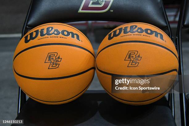 General view of two Boston College Eagles logo basketballs on a chair prior to a women's college basketball game between the Florida State Seminoles...