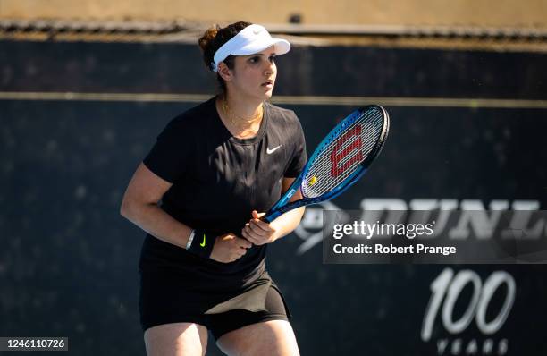 Sania Mirza of India playing doubles with partner Anna Danilina of Kazakhstan against Storm Hunter of Australia and Barbora Krejcikova of the Czech...