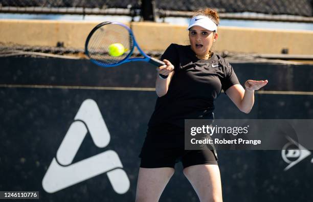 Sania Mirza of India playing doubles with partner Anna Danilina of Kazakhstan against Storm Hunter of Australia and Barbora Krejcikova of the Czech...