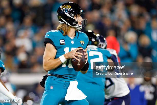 Jacksonville Jaguars quarterback Trevor Lawrence throws a pass during the game between the Tennessee Titans and the Jacksonville Jaguars and the on...