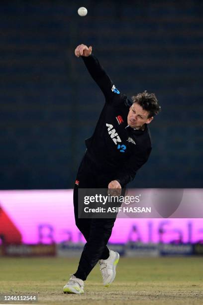 New Zealand's Michael Bracewell delivers a ball during the first one-day international cricket match between Pakistan and New Zealand at the National...