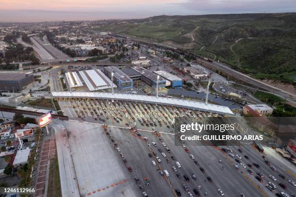 Aerial view of San Ysidro crossing port at the US-Mexico border seen from Tijuana, Baja California State, Mexico, on January 9, 2023. - US President...