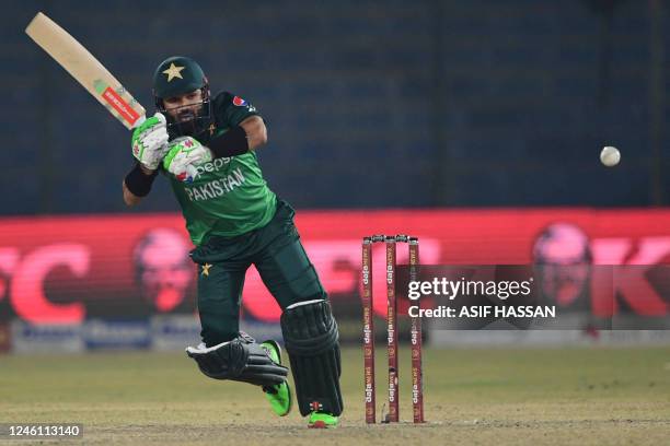 Pakistan's Mohammad Rizwan plays a shot during the first one-day international cricket match between Pakistan and New Zealand at the National Stadium...