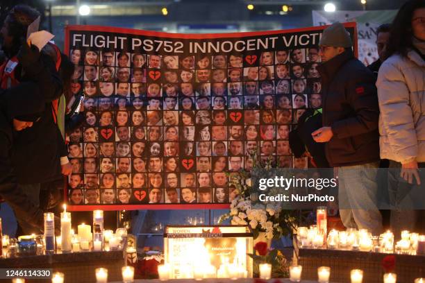 Hundreds attended a candlelight vigil at Mel Lastman Square in Toronto, Ontario, Canada, on January 08, 2023 as Iranian-Canadians marked 3rd...