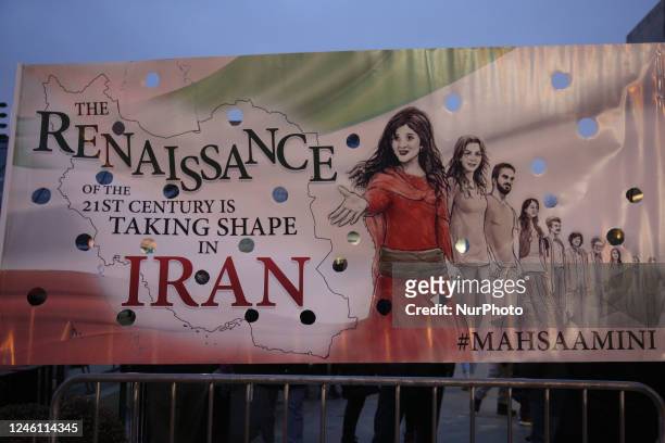 Banner calling for freedom in Iran as hundreds attended a candlelight vigil at Mel Lastman Square in Toronto, Ontario, Canada, on January 08, 2023 as...