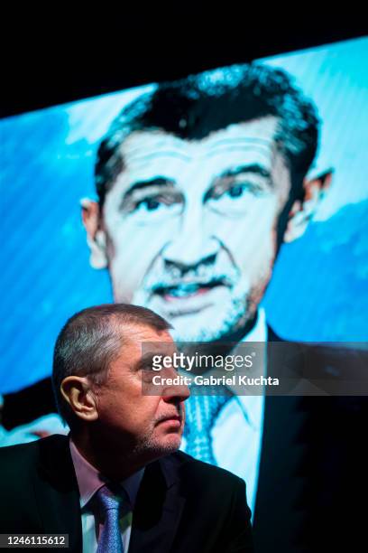 Andrej Babis, former Czech prime minister, now running for the Czech presidency, attends a talk show for supporters during an election campaign stop...