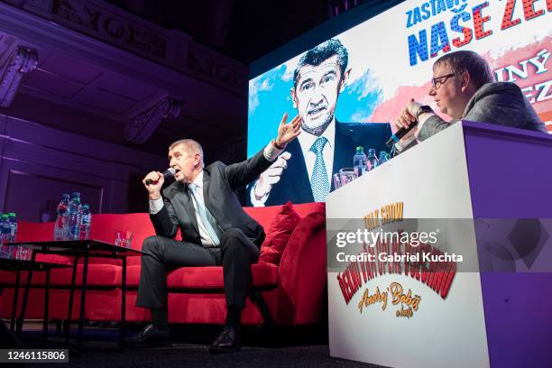 Andrej Babis, former Czech prime minister, now running for the Czech presidency, talks to his supporters during an election campaign stop on January...