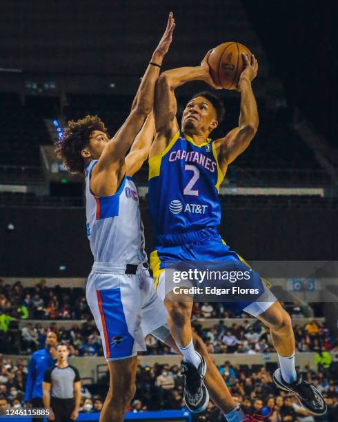 Rigoberto Mendoza of the Mexico City Capitanes drives to the basket against the Oklahoma City Blue on January 5, 2023 in Mexico City, Mexico at Arena...