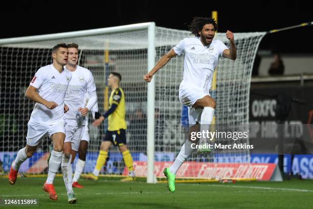 Mohamed Elneny of Arsenal celebrates scoring the opening goal during the Emirates FA Cup Third Round match between Oxford United and Arsenal at...