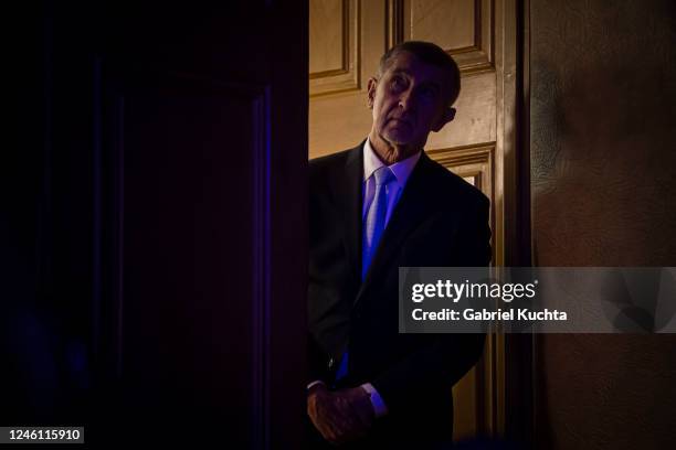 Andrej Babis, former Czech prime minister, now running for the Czech presidency, looks into a hall before a talk show for supporters during an...