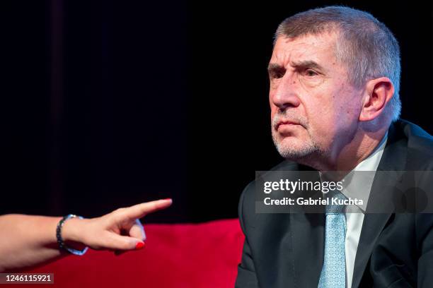 Andrej Babis, former Czech prime minister, now running for the Czech presidency, attends a talk show for supporters during an election campaign stop...