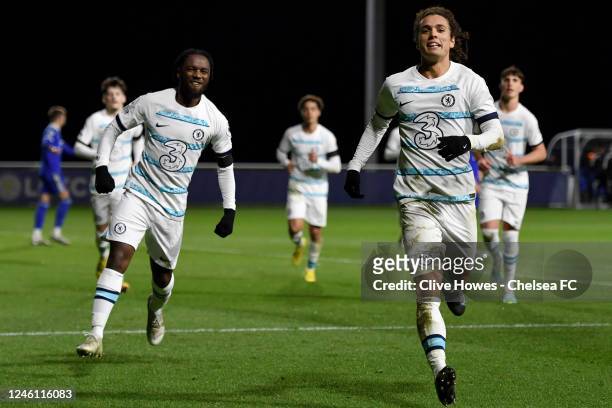 Charlie Webster of Chelsea celebrates scoring the second goal during the Leicester City U21 v Chelsea U21 - Premier League 2 match on January 9, 2023...