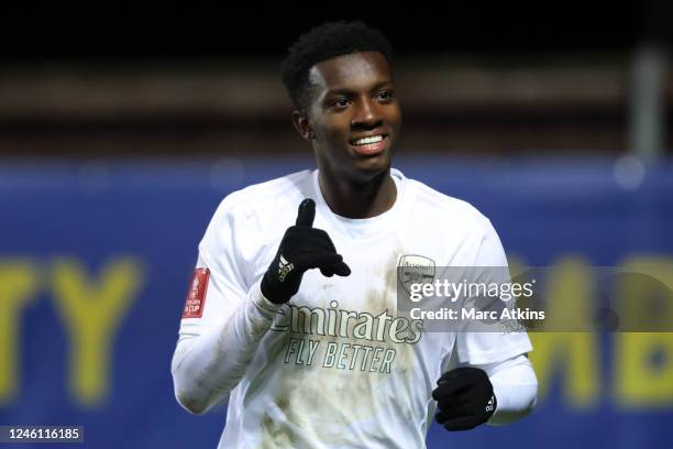 Eddie Nketiah of Arsenal celebrates scoring the 3rd goal during the Emirates FA Cup Third Round match between Oxford United and Arsenal at Kassam...