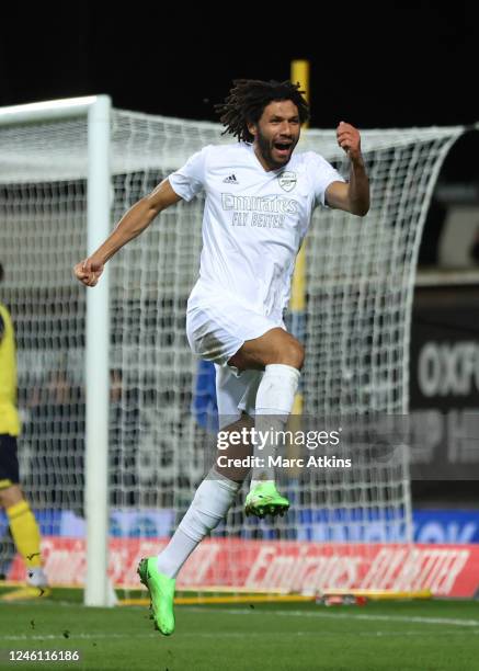 Mohamed Elneny of Arsenal celebrates scoring the opening goal during the Emirates FA Cup Third Round match between Oxford United and Arsenal at...