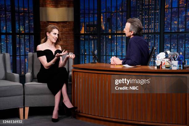 Episode 1373 -- Pictured: Acterss Allison Williams during an interview with host Seth Meyers on January 9, 2022 --