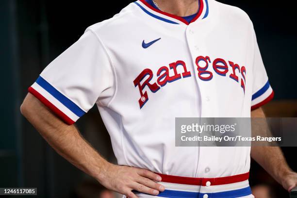 Detailed view of the 1970s Throwback Jersey worn by the Texas Rangers honoring 50th Anniversary of Rangers baseball prior to a game against the...