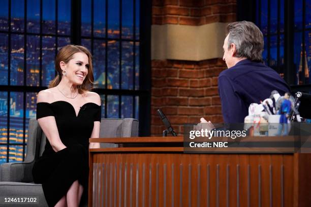 Episode 1373 -- Pictured: Acterss Allison Williams during an interview with host Seth Meyers on January 9, 2022 --