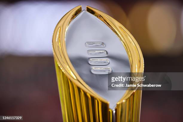 The College Football Playoff National Championship Trophy sits on the field before the game between the Georgia Bulldogs and the TCU Horned Frogs...