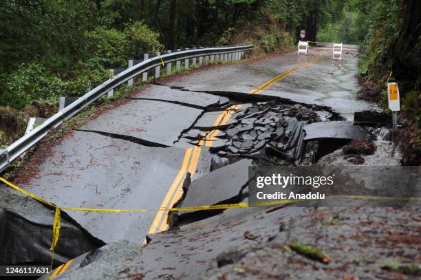 View of damage on the road after storm and heavy rain in the Santa Cruz Mountains above Silicon Valley in Scotts Valley, California, United States on...