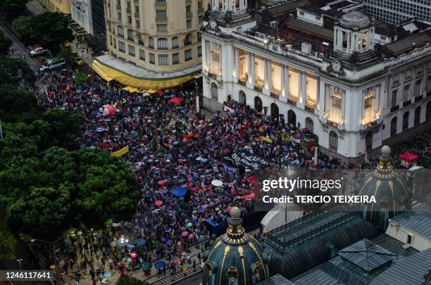 In this aerial view members of social movements protest in defense of democracy in Rio de Janeiro, Brazil, on January 9 a day after supporters of...