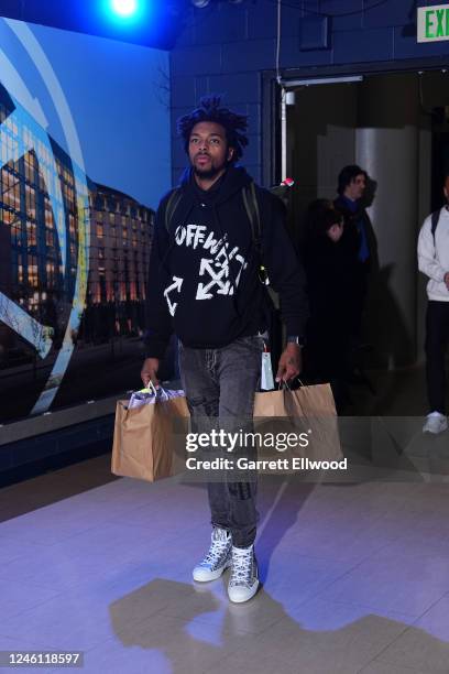 Sterling Brown of the Los Angeles Lakers arrives to the arena before the game against the Denver Nuggets on January 9, 2023 at the Ball Arena in...