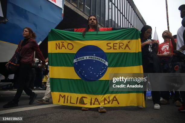 Members of social movements gather at Avenida Paulista in defense of democracy in Sao Paulo, Brazil, on January 9 a day after supporters of Brazil's...