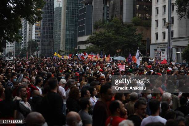 Members of social movements gather at Avenida Paulista in defense of democracy in Sao Paulo, Brazil, on January 9 a day after supporters of Brazil's...