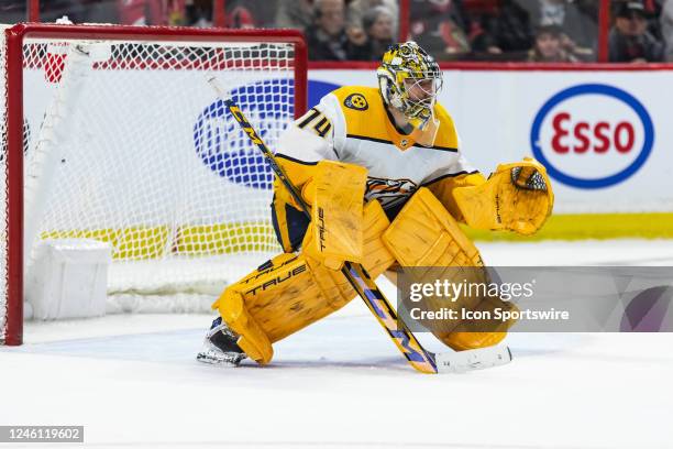 Nashville Predators Goalie Juuse Saros prepares to make a save during second period National Hockey League action between the Nashville Predators and...