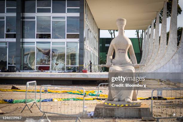 Damage outside the Supreme Federal Court building following attacks on government buildings by supporters of former Brazilian President Jair...