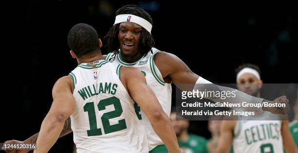 January 9: Grant Williams and Robert Williams III of the Boston Celtics celebrate during the second half of the NBA game against the Chicago Bulls at...