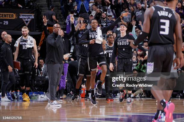 The Sacramento Kings celebrate during the game against the Orlando Magic on January 9, 2023 at Golden 1 Center in Sacramento, California. NOTE TO...