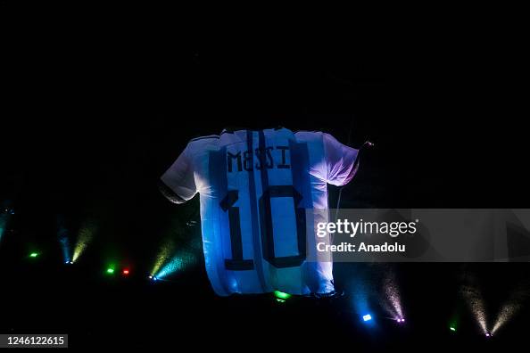 Messi Inflatable A view of the inflatable t-shirt of Lionel Messi at the Lunar Globe ...