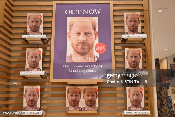 Copies of "Spare" by Britain's Prince Harry, Duke of Sussex, are displayed at Waterstones' flagship Piccadilly bookshop on the day of its release in...