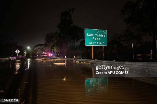 The 101 Freeway is seen flooded out as a result of San Ysidro Creek overflowing due to heavy rainfall in the area on January 09 in Montecito,...