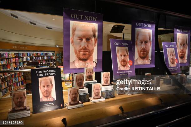Copies of "Spare" by Britain's Prince Harry, Duke of Sussex, are displayed at Waterstones' flagship Piccadilly bookshop on the day of its release in...
