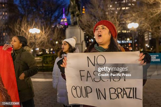 Coalition of activists and allies gather in Union Square to support Brazilian President Lula following a coup attempt by far-right Bolsonaro...