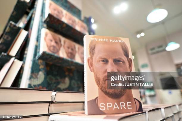 Copies of "Spare" by Britain's Prince Harry, Duke of Sussex, are displayed at Daunt Books on Marylebone High Street in London on January 10, 2023. -...