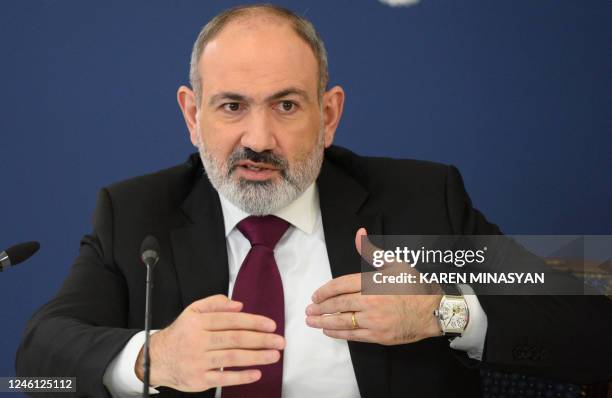 Armenian Prime Minister Nikol Pashinyan holds a press conference in Yerevan on January 10, 2023. - Nikol Pashinyan said on January 10 his country...