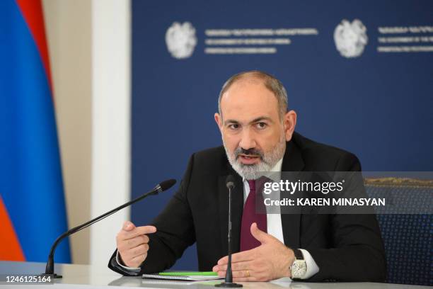 Armenian Prime Minister Nikol Pashinyan holds a press conference in Yerevan on January 10, 2023. - Nikol Pashinyan said on January 10 his country...