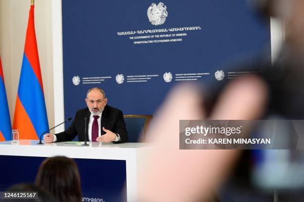 Armenian Prime Minister Nikol Pashinyan holds a press conference in Yerevan on January 10, 2023. - Nikol Pashinyan said on January 10 his country...