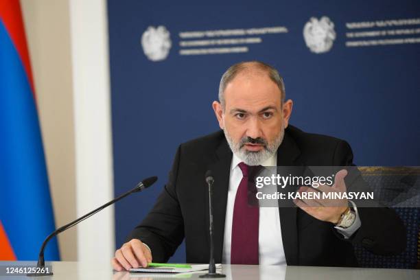 Armenian Prime Minister Nikol Pashinyan holds a press conference in Yerevan on January 10, 2023. - Nikol Pashinyan said on January 10 his country...