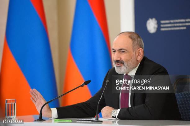 Armenian Prime Minister Nikol Pashinyan holds a press conference in Yerevan on January 10, 2023. - Nikol Pashinyan said on January 10 his country...