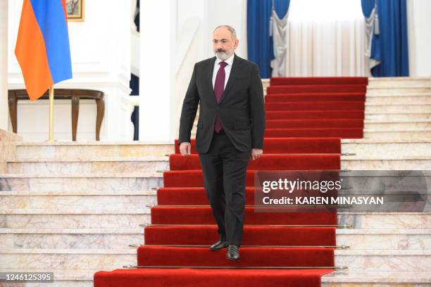 Armenian Prime Minister Nikol Pashinyan holds a press conference in Yerevan on January 10, 2023. - Nikol Pashinyan said on January 10 his country...