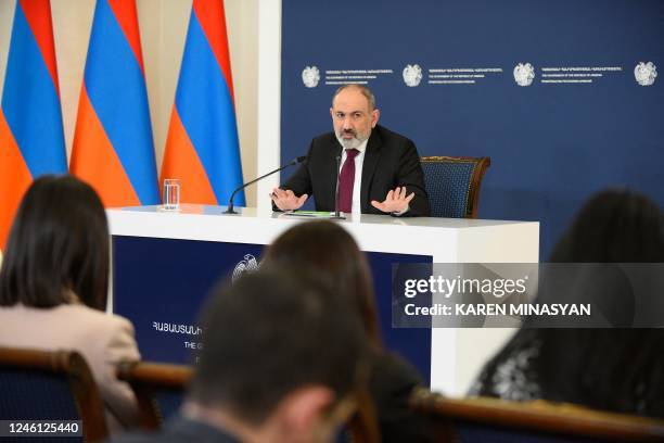 Armenian Prime Minister Nikol Pashinyan holds a press conference in Yerevan on January 10, 2023. - Nikol Pashinyan said on January 10 his country...