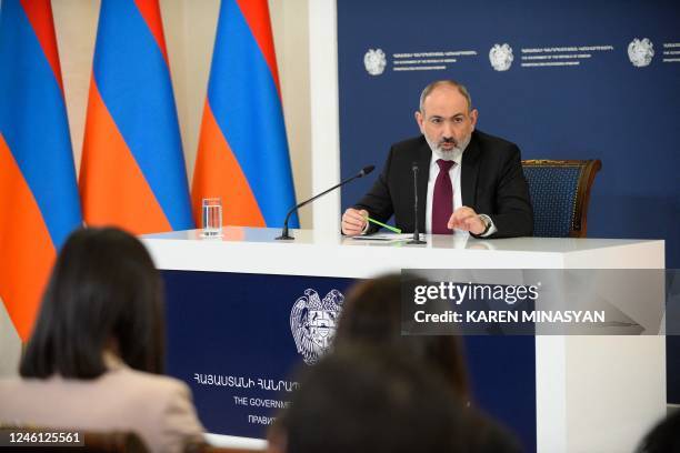 Armenian Prime Minister Nikol Pashinyan holds a press conference in Yerevan on January 10, 2023. - Nikol Pashinyan said on January 10 his country...