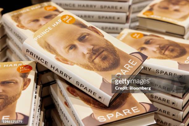 Copies of Prince Harry's 'Spare' memoir during the day of book's launch, at a Waterstones Booksellers Ltd. Store in London, UK, on Tuesday, Jan. 10,...