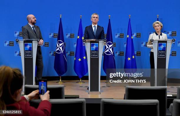 S Secretary General Jens Stoltenberg , the president of the European Council Charles Michel and the European Commission Ursula von der Leyen give a...